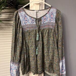 Grace + Karma Peasant Top Smocked Tassel Ties Balloon Sleeves Sz M Boho blue